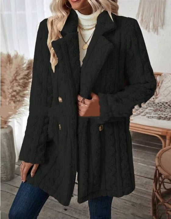 Casual Plain Long Sleeve Lapel Collar Fleece Coat