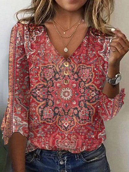 Red Print 3/4 Sleeve V-Neck Top