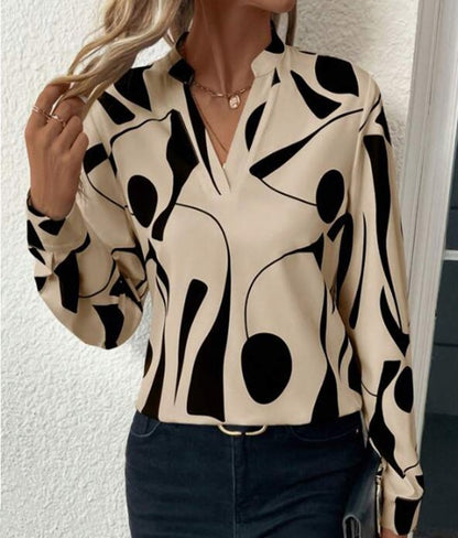 V-Neck Long Sleeve Slim Fit Printed Stand Up Shirt