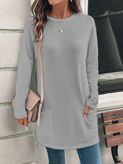 Solid Color Long Sleeve Loose Round Neck Pocket T-Shirt