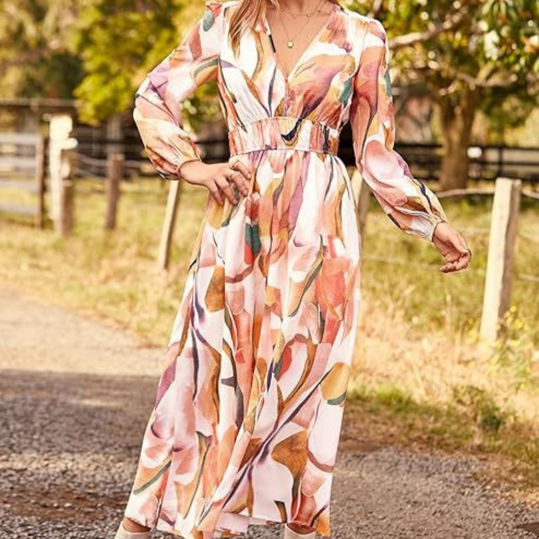 Long Casual Long Sleeve V-neck Printed Beach Long Flowy Dress