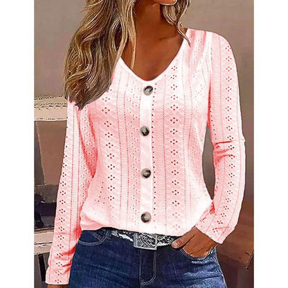 Solid Color Jacquard V-neck Buttons Long-sleeved Top