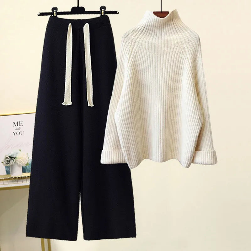 Thickened Coarse Yarn Knitwear Wide Leg Pants Two-piece Set