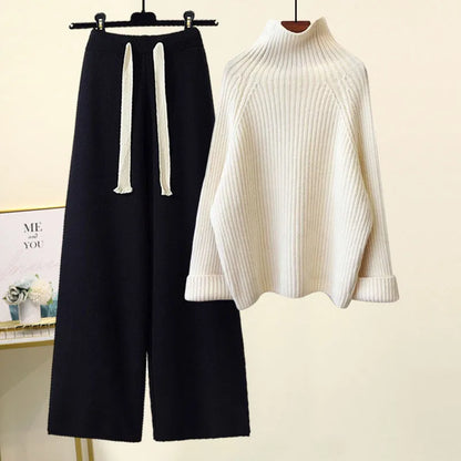 Thickened Coarse Yarn Knitwear Wide Leg Pants Two-piece Set