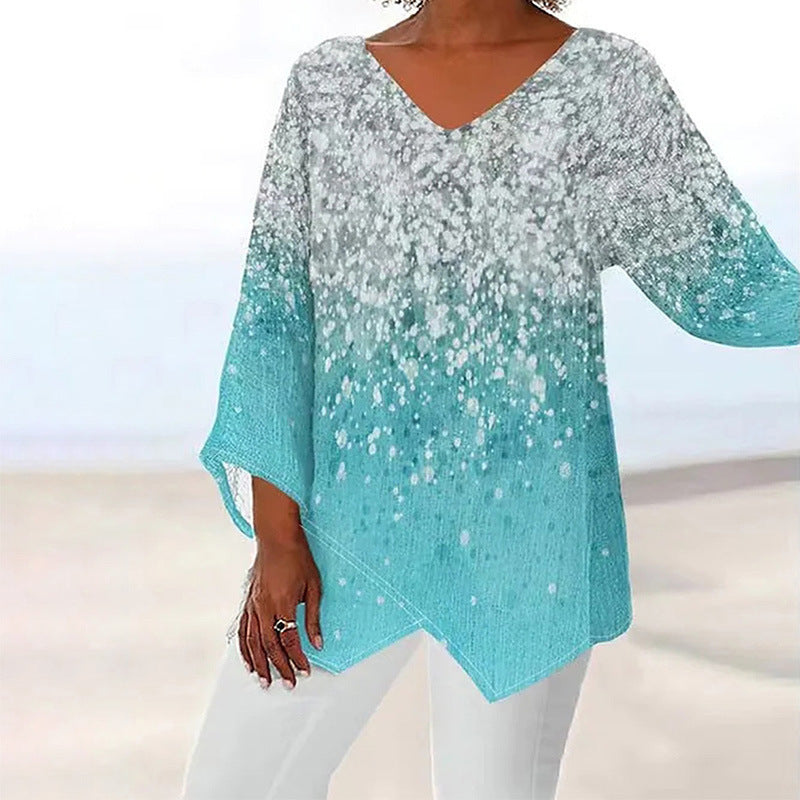 Casual Loose And Irregular Printed Long Sleeve V-neck Top