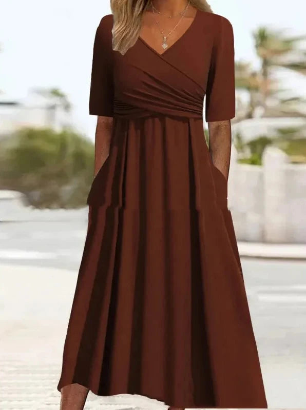 Unique Plain V-Neck Midi Dress