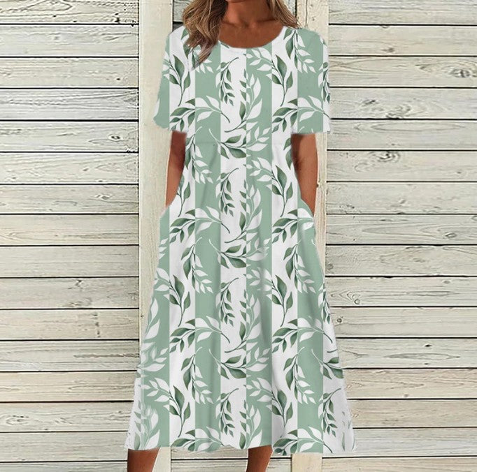 Casual Round Neck Printed Pocket Dress