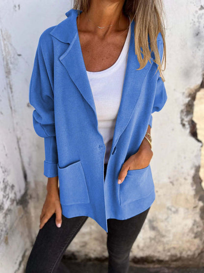 Casual Lapel Jacket with Pockets - Versatile Long Sleeve Coat