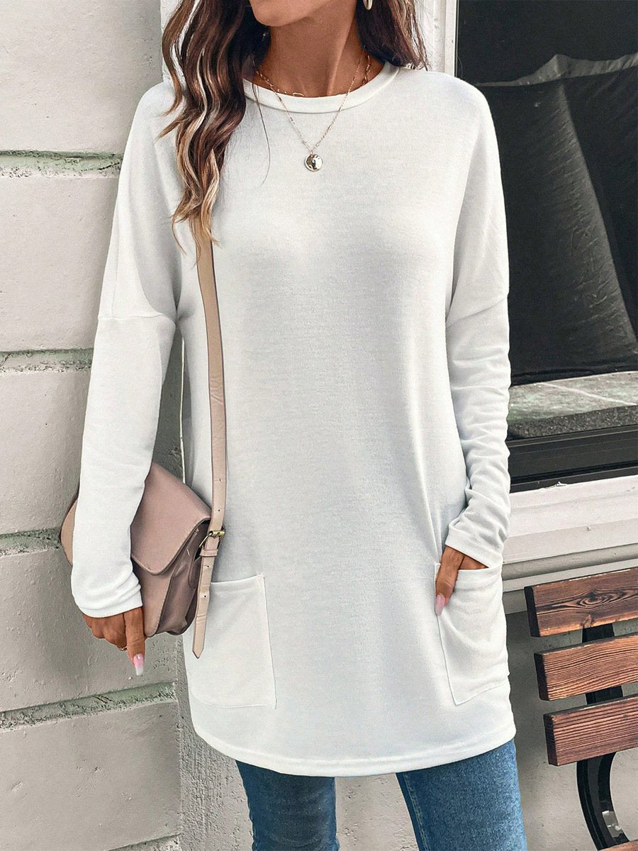 Solid Color Long Sleeve Loose Round Neck Pocket T-Shirt