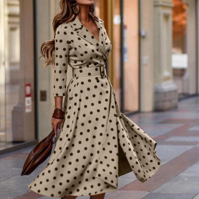 Casual Polka Dot Lapel Long Sleeve Dress