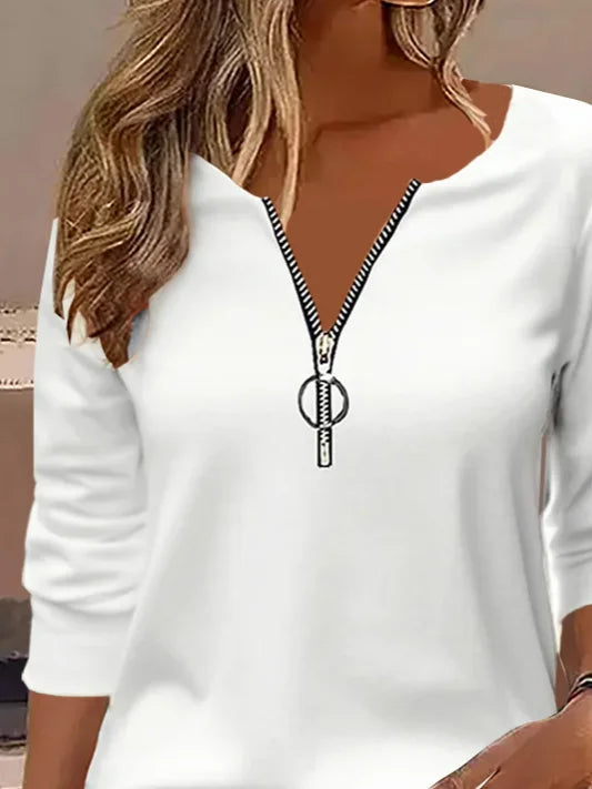 Casual Zipper Plain Loose T-Shirt