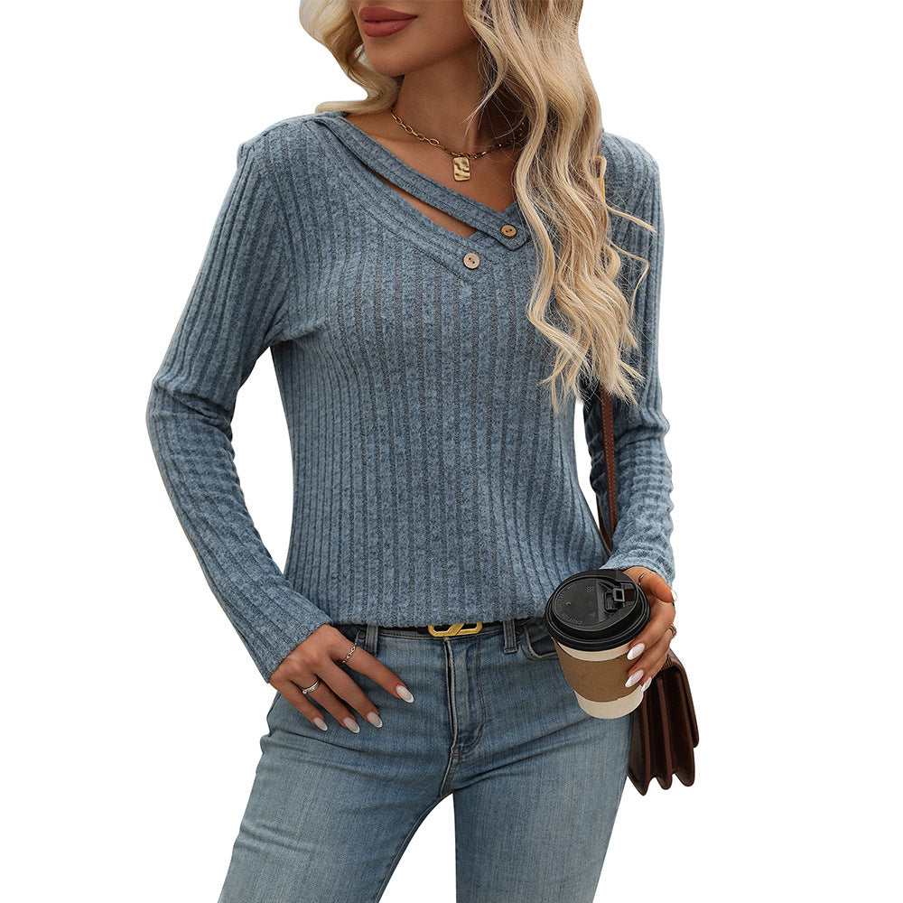 Casual Loose V-Neck Buttoned Stripe T-Shirt