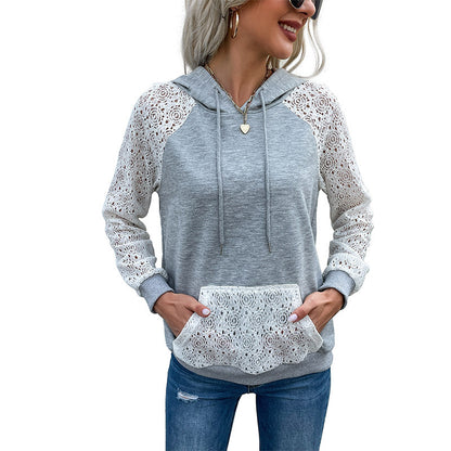 Pullover Hooded Lace Panel Sweatshirt