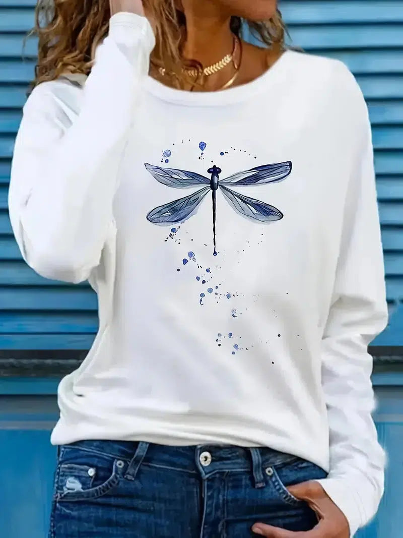 Dragonfly Pattern Round Neck Long Sleeve Top