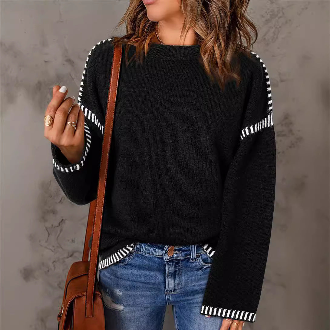 Loose Solid Round Neck Pullover Long Sleeve Top