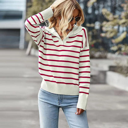 Casual V-neck Lapel Striped Sweater Long Sleeve Top