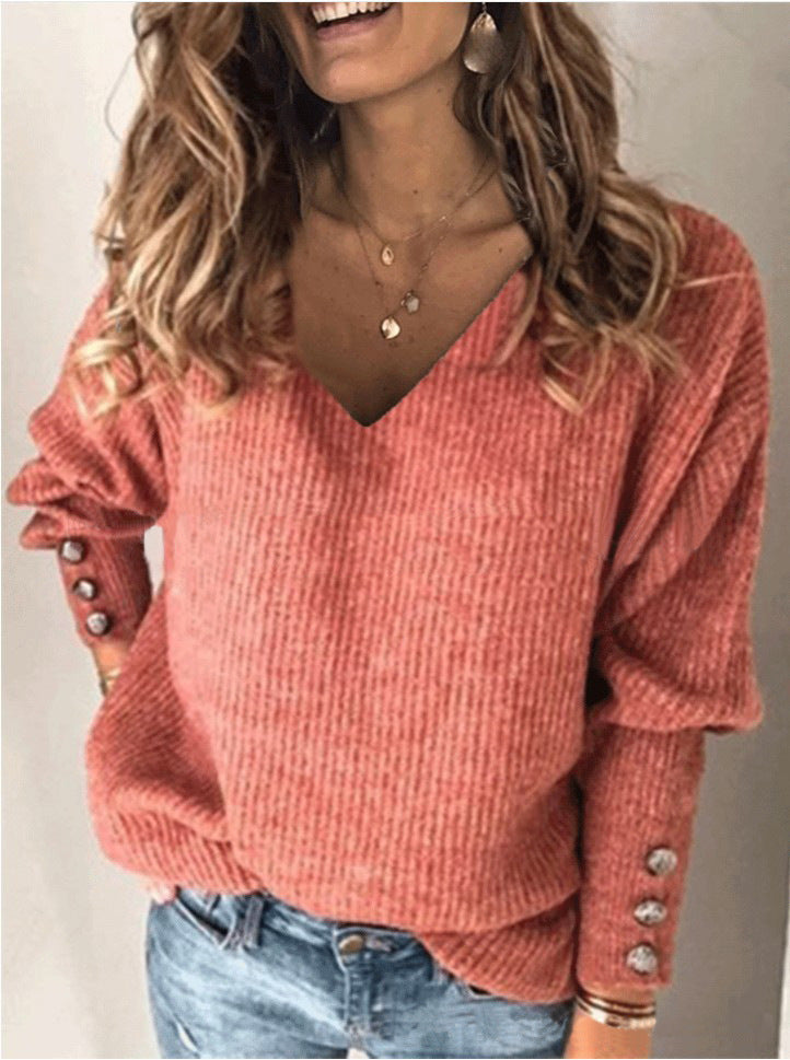 All-match Knitted V-neck Loose Long-sleeved Sweater