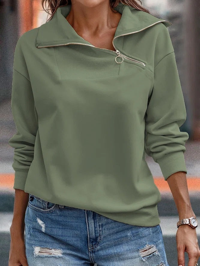 Cozy Solid Zipper High Neck Casual Loose Sweater