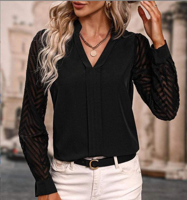 Lace Stitching V-neck Solid Color Tops Chiffon Shirt