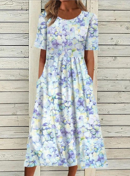 Casual Round Neck Printed Pocket Dress