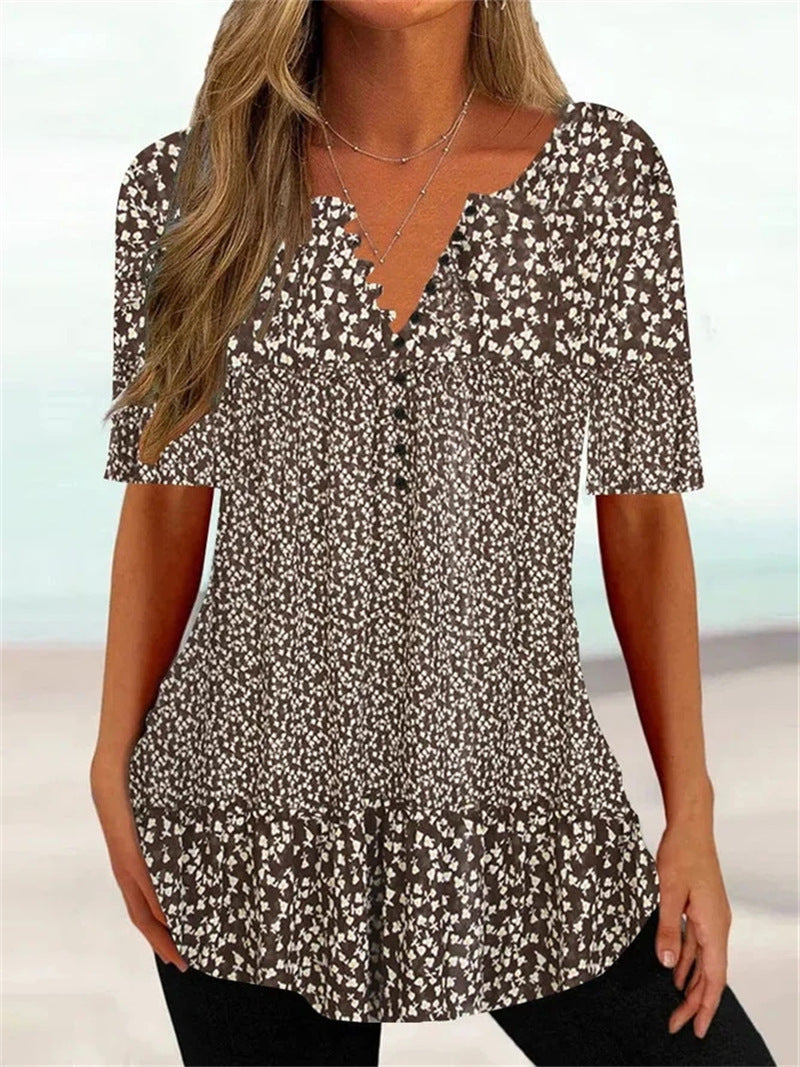 Loose V-Neck Short Sleeve Button Print T-Shirt