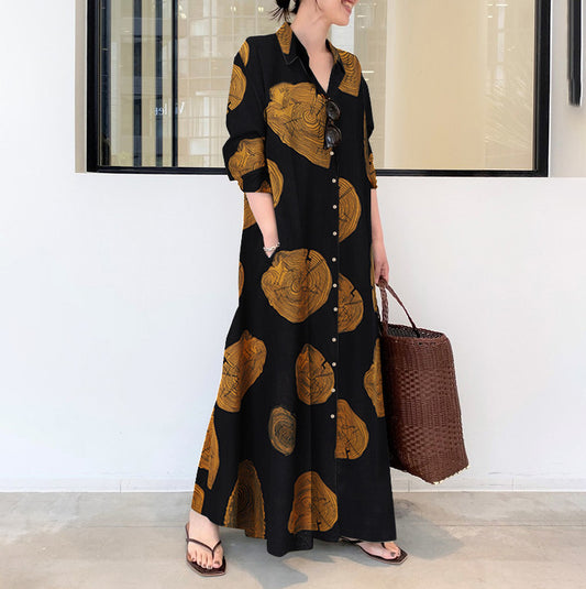 Elegant Printed V-Neck Long Sleeve Maxi Dress