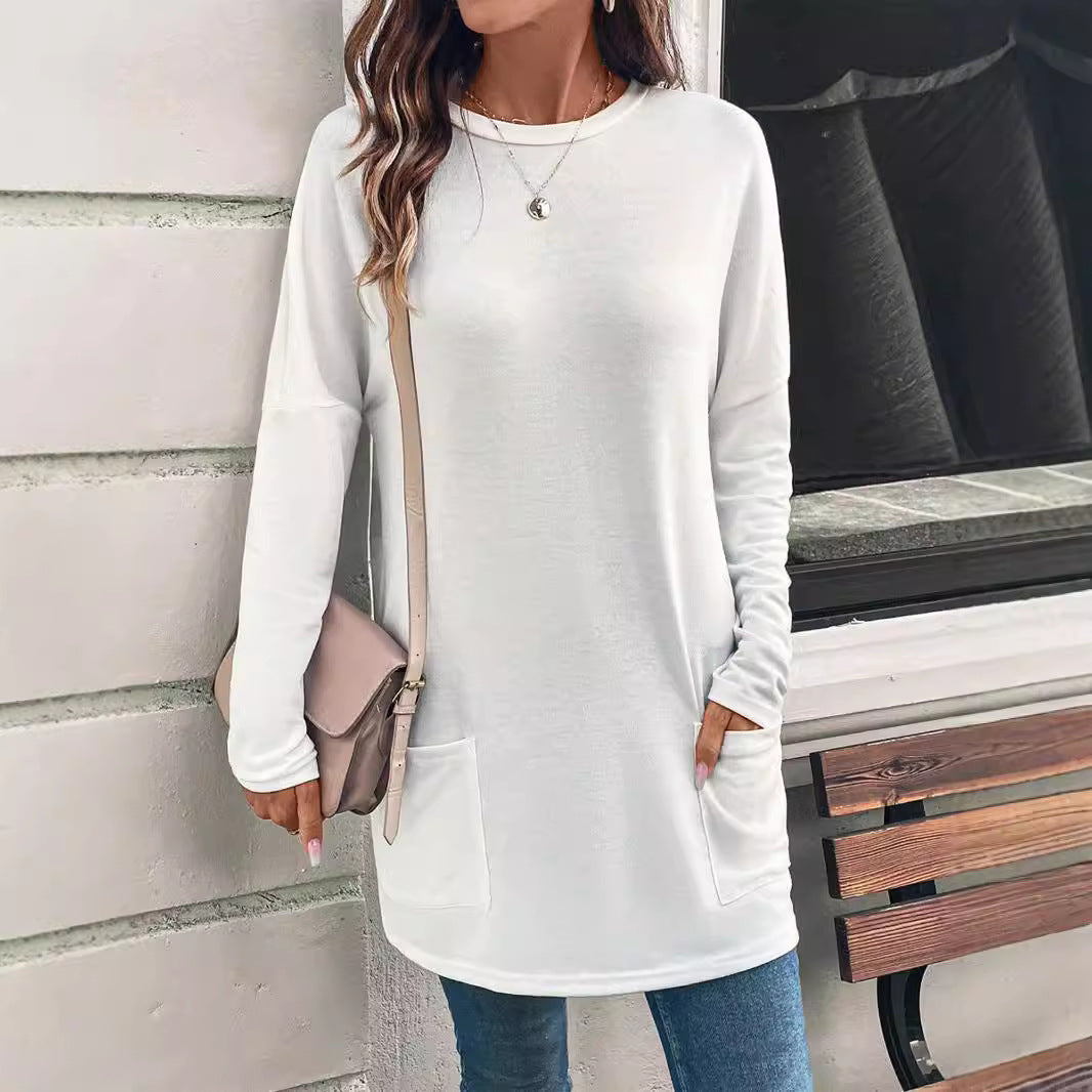 Solid Color Long Sleeve Loose Round Neck Pocket T-Shirt