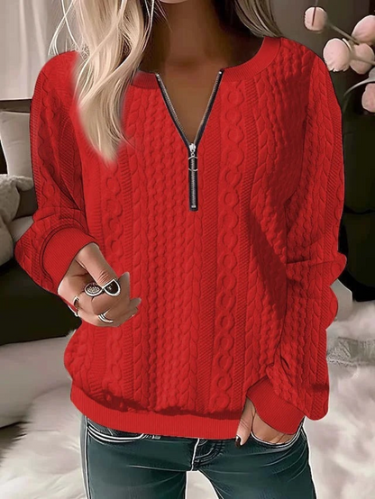 V-Neck Zipper Long Sleeve Plain Top