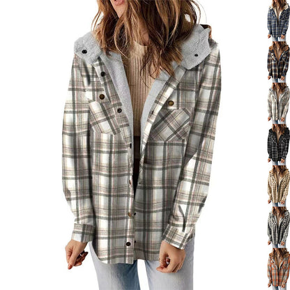 Casual Plaid Hooded Woolen Coat