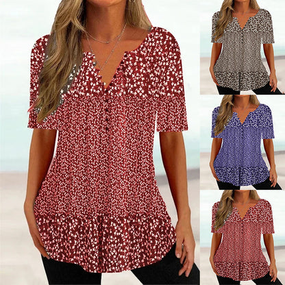 Loose V-Neck Short Sleeve Button Print T-Shirt