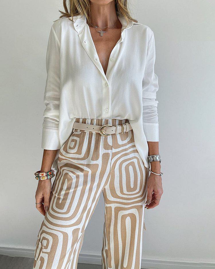 Casual Long-sleeved Lapel Shirt Printed Wide-leg Pants Suit