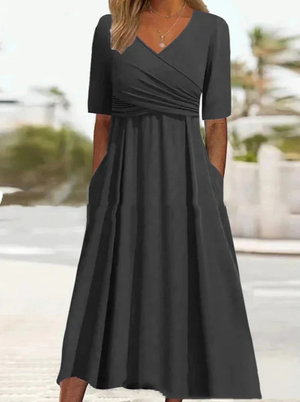 Unique Plain V-Neck Midi Dress