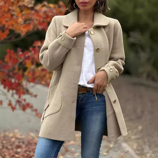 Casual Solid Color Lapel Woolen Coat