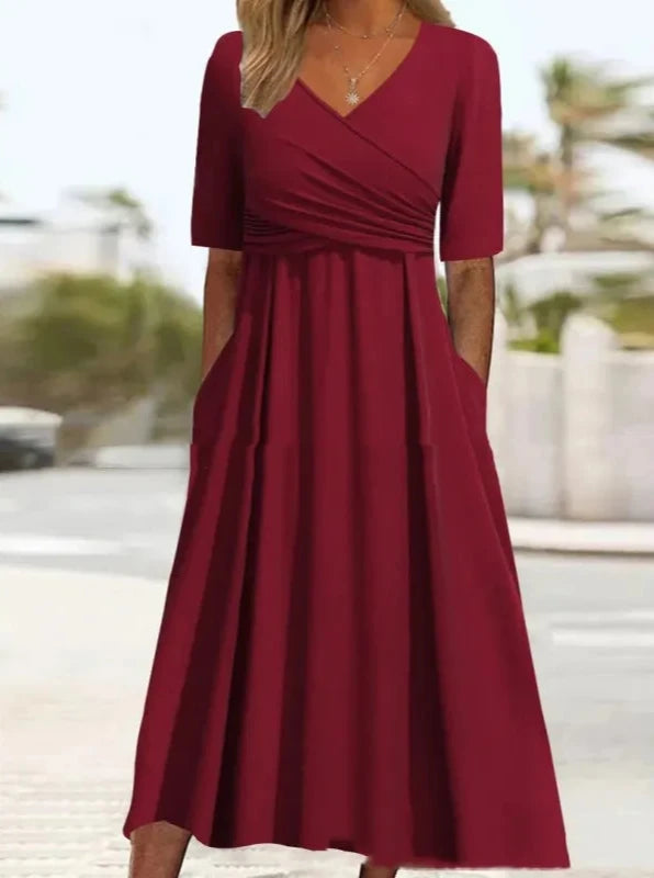 Unique Plain V-Neck Midi Dress