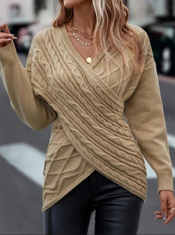 Casual Solid Color V-Neck Cross Brocade Sweater