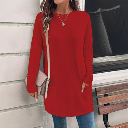 Solid Color Long Sleeve Loose Round Neck Pocket T-Shirt