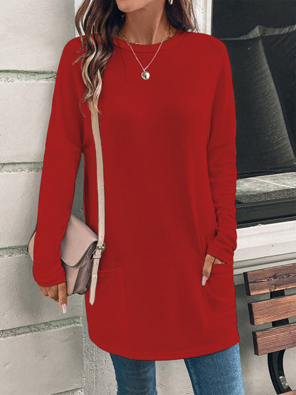 Solid Color Long Sleeve Loose Round Neck Pocket T-Shirt