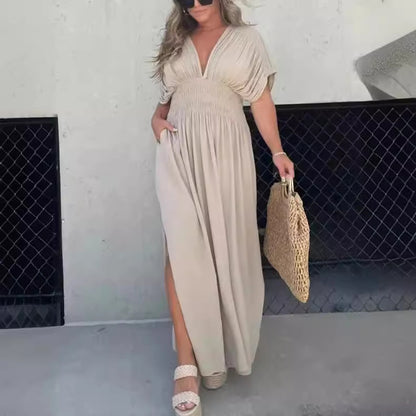 Unique Bat-Sleeved V-Neck Slit Dress