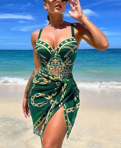 Elegant Print One Piece Two Piece Sleeveless Swimwear