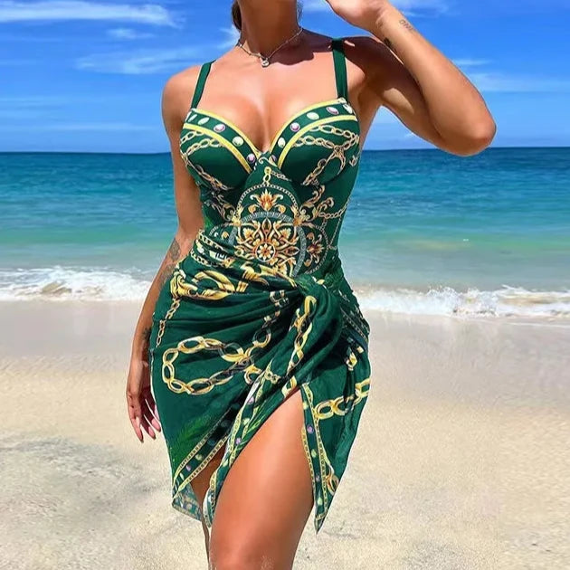 Elegant Print One Piece Two Piece Sleeveless Swimwear