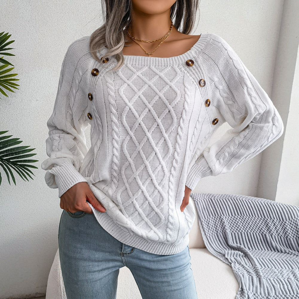 Casual Square Collar Button Twist Knit Pullover Sweater