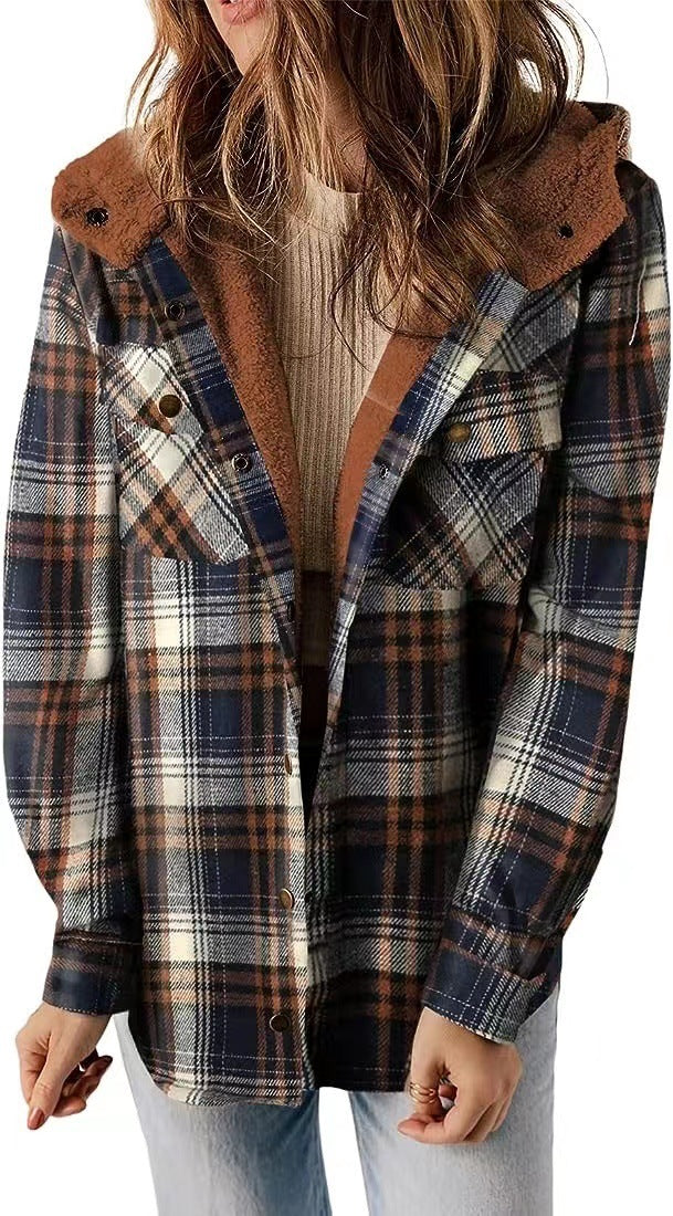 Casual Plaid Hooded Woolen Coat