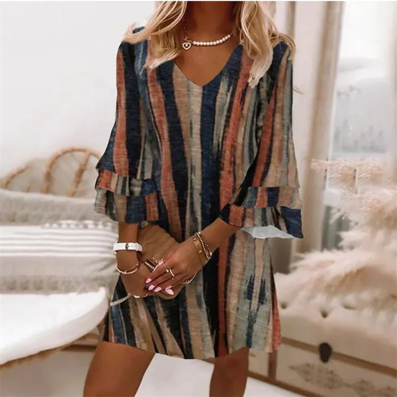 Popular V-Neck 3/4 Sleeve Mini Dress