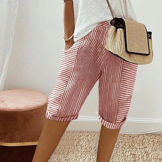 Jacquard Stripe Stitching Loose Casual Five Point Pants