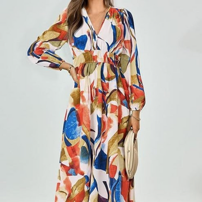 Long Casual Long Sleeve V-neck Printed Beach Long Flowy Dress