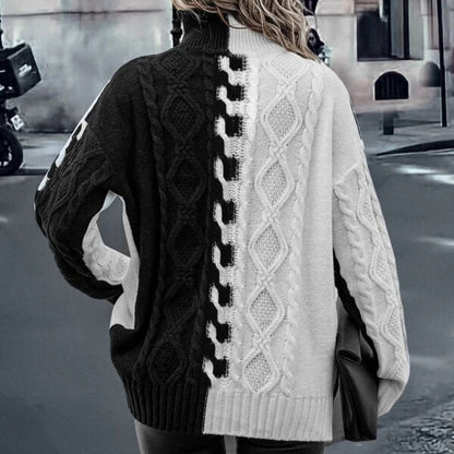 Trendy Color Contrast Black And White Splicing Knitwear Top