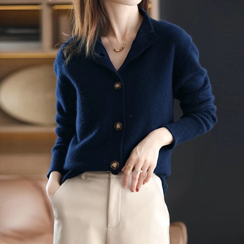 Retro Stand Collar Loose-Fitting Knitted Cardigan