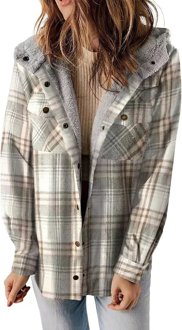 Casual Plaid Hooded Woolen Coat