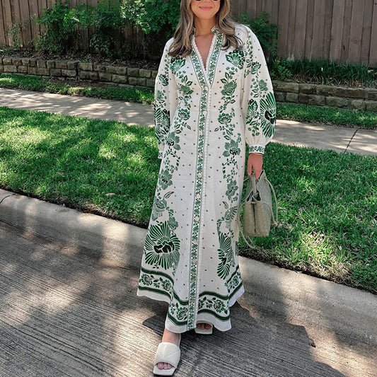 Printed Long Lantern Sleeve V-neck Dress