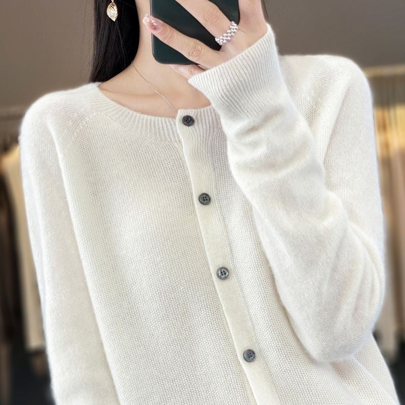 Elegant Wool Round Neck Long Sleeve Cashmere Cardigan